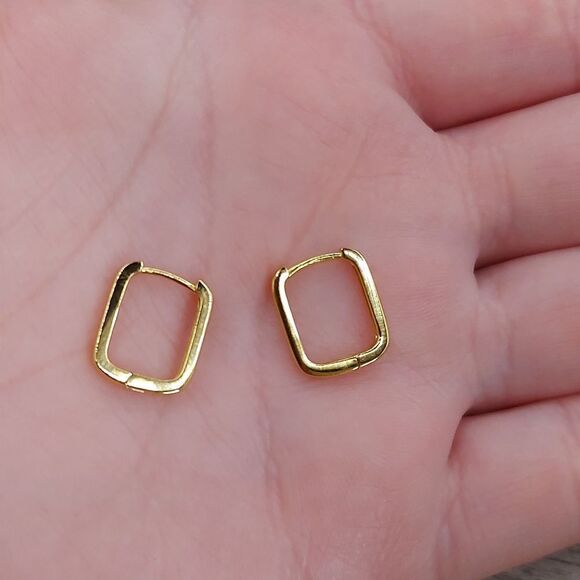 925 Sterling Silver Rectangle Gold Huggies Earrings - Picture 4 of 11